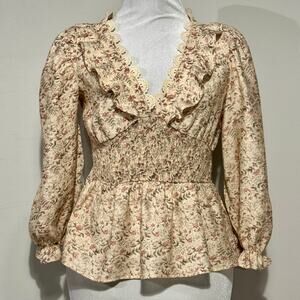 MINE Shirred Empire Waist Ruffle Blouse Sz Medium Cream Ditsy Floral Cottagecore